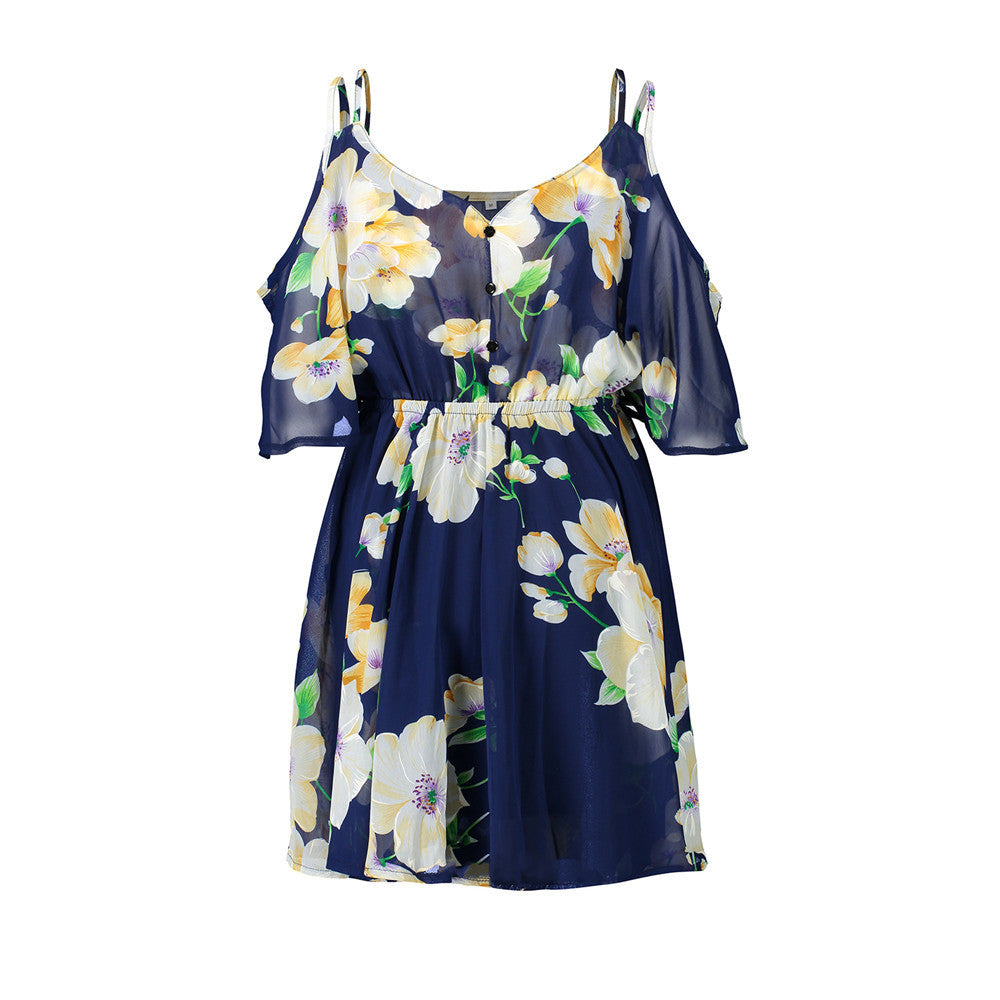 Spaghetti Strap V-neck Printed Loose Chiffon Dress