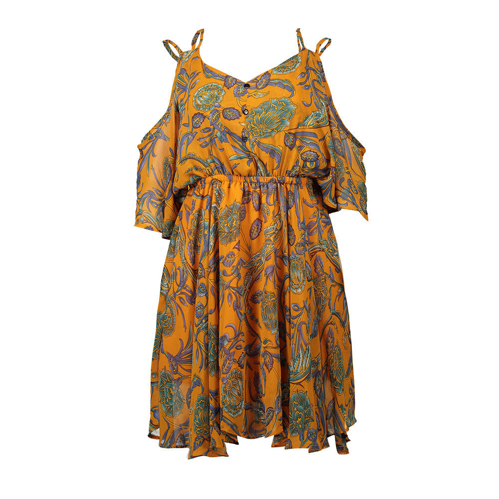 Spaghetti Strap V-neck Printed Loose Chiffon Dress