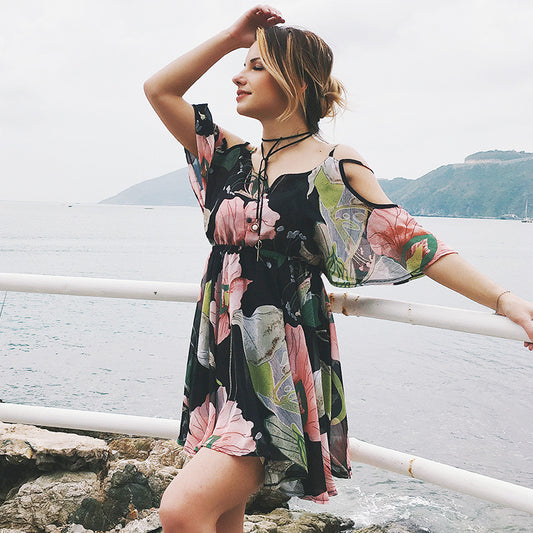 Spaghetti Strap V-neck Printed Loose Chiffon Dress