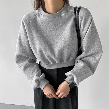 Round Neck Waist Trimming High Waist Short Sweatshirt