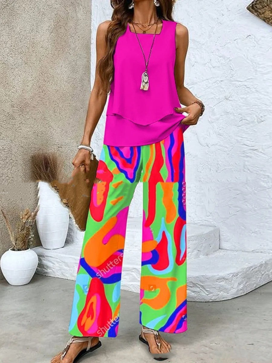 Double-layer Vest And Loose Straight Pants Womens