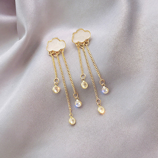 925 Silver Needle Ins Fashion Sweet Girly Temperament Cloud Rhinestone Earrings Tassel Long Earrings Female All-match Earrings