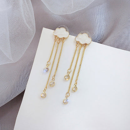 925 Silver Needle Ins Fashion Sweet Girly Temperament Cloud Rhinestone Earrings Tassel Long Earrings Female All-match Earrings