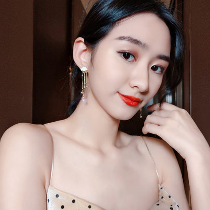 925 Silver Needle Ins Fashion Sweet Girly Temperament Cloud Rhinestone Earrings Tassel Long Earrings Female All-match Earrings