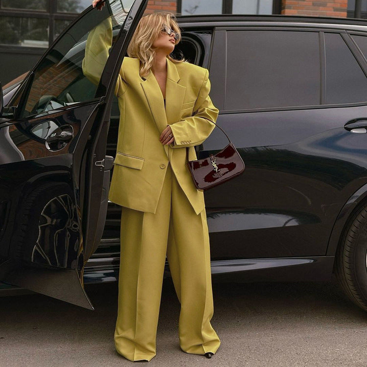 Lapel Baggy Coat High Waist Wide Leg Pants Two-piece Set