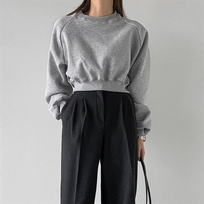 Round Neck Waist Trimming High Waist Short Sweatshirt