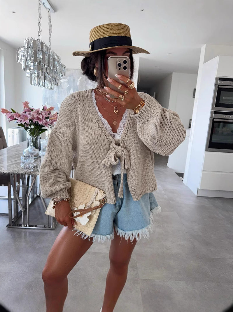 Short Thick Needle Bow Bandage Reverse Cardigan Jacket