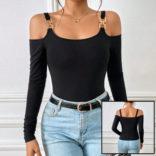 Off-Shoulder Metal Hook Long-Sleeved Top