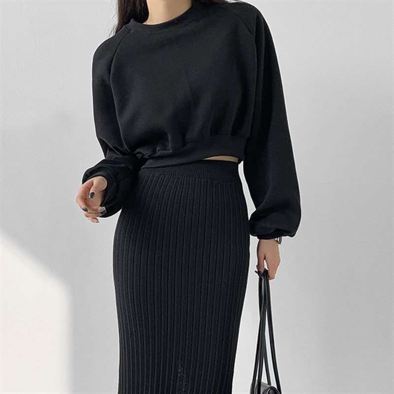 Round Neck Waist Trimming High Waist Short Sweatshirt