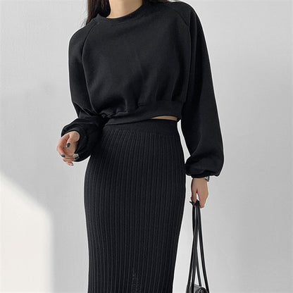 Round Neck Waist Trimming High Waist Short Sweatshirt