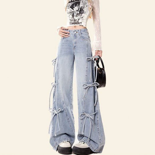 Wide-leg Bow Bandage Jeans For Women