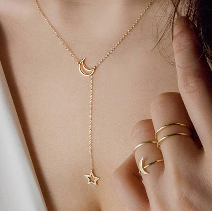 Fashion Simple Personality European And American Moon Star Necklace Alloy Long Star Pendant Female Models
