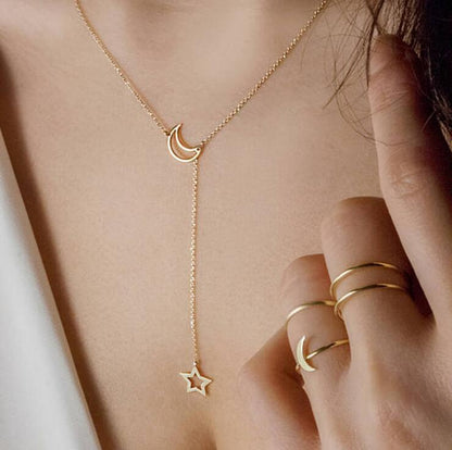 Fashion Simple Personality European And American Moon Star Necklace Alloy Long Star Pendant Female Models