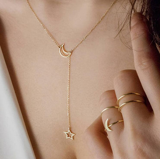 Fashion Simple Personality European And American Moon Star Necklace Alloy Long Star Pendant Female Models