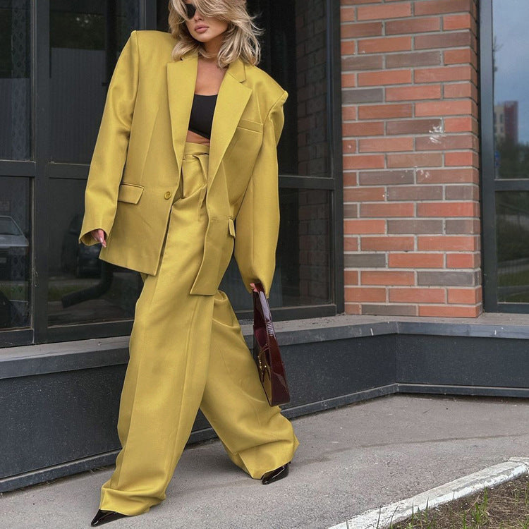 Lapel Baggy Coat High Waist Wide Leg Pants Two-piece Set