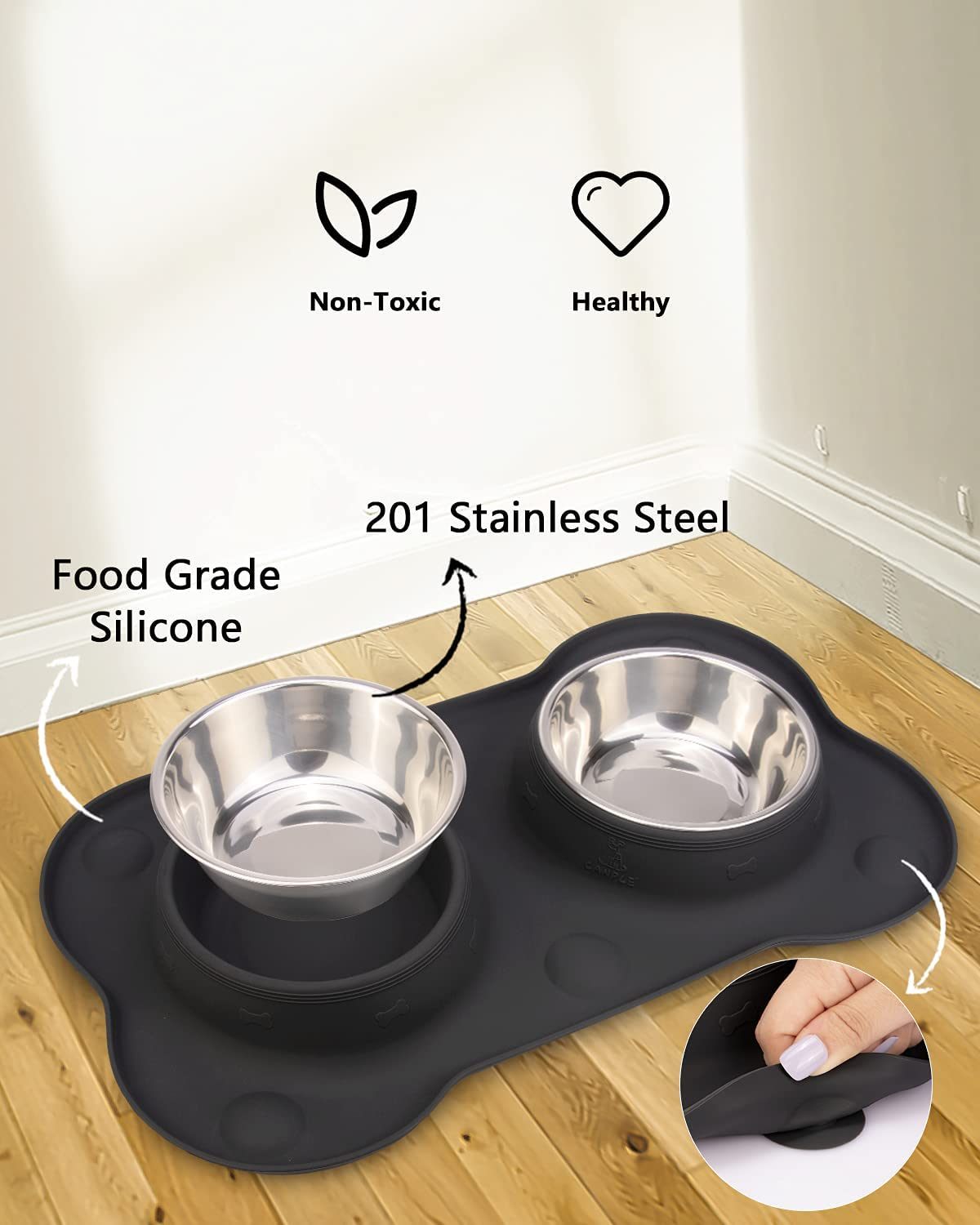 Dog Bowl Stainless Steel Dog Bowls Food Water Pet Feeder with No Spill Non-Skid [Strong Suction Cup] Silicone Mat Waterproof for Pets Small Medium Large Dogs