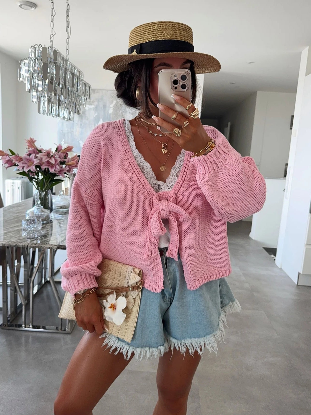 Short Thick Needle Bow Bandage Reverse Cardigan Jacket
