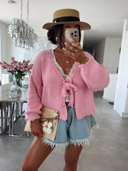 Short Thick Needle Bow Bandage Reverse Cardigan Jacket
