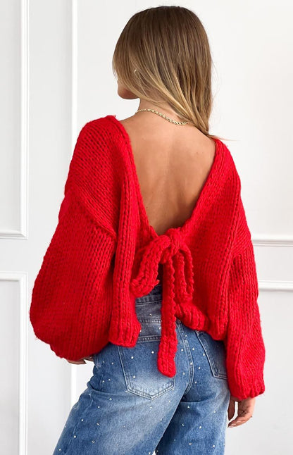Short Thick Needle Bow Bandage Reverse Cardigan Jacket