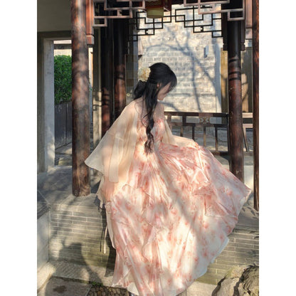 Temperament Heavy Industry Smudged Print Waist Slimming Ruffled Suspender Dress Women&#039;s Summer + Fairy Cardigan Suit
