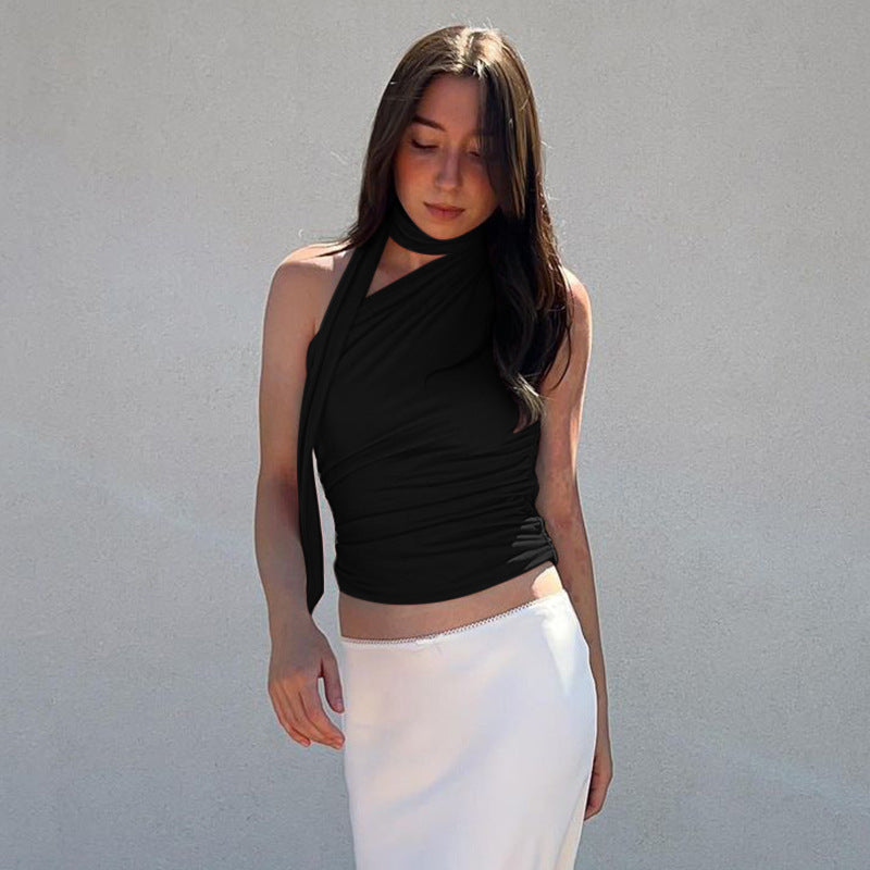 European And American Foreign Trade Cross-border 2024 Summer Slim-fit Single-shoulder Ribbon Scarf Design Pleated Vest T-shirt Top