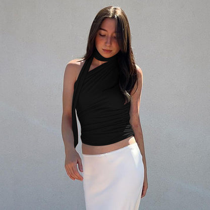 European And American Foreign Trade Cross-border 2024 Summer Slim-fit Single-shoulder Ribbon Scarf Design Pleated Vest T-shirt Top