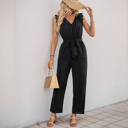 Stitching Lace V-neck Sleeveless Backless Jumpsuit