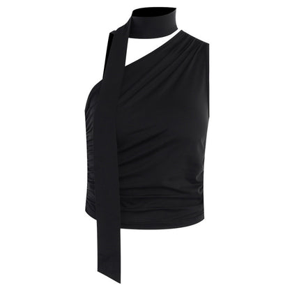 European And American Foreign Trade Cross-border 2024 Summer Slim-fit Single-shoulder Ribbon Scarf Design Pleated Vest T-shirt Top
