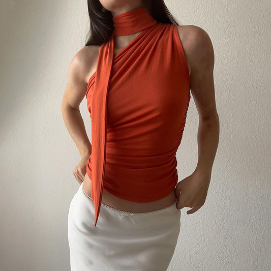 European And American Foreign Trade Cross-border 2024 Summer Slim-fit Single-shoulder Ribbon Scarf Design Pleated Vest T-shirt Top