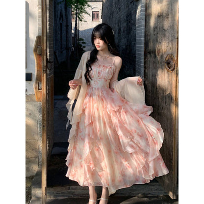 Temperament Heavy Industry Smudged Print Waist Slimming Ruffled Suspender Dress Women&#039;s Summer + Fairy Cardigan Suit