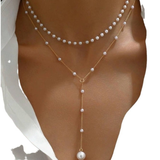 European And American Cross-Border Jewelry, Fashionable New Pearl Necklace, Female Personalized Y-Shaped Pearl Tassel Stacked Clavicle Chain Necklace