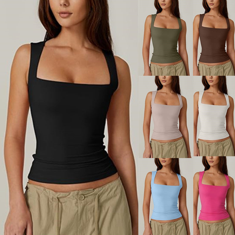 Summer Square-neck Tank Vest Ins Fashion Slim Solid Sleeveless Tops For Women Clothing
