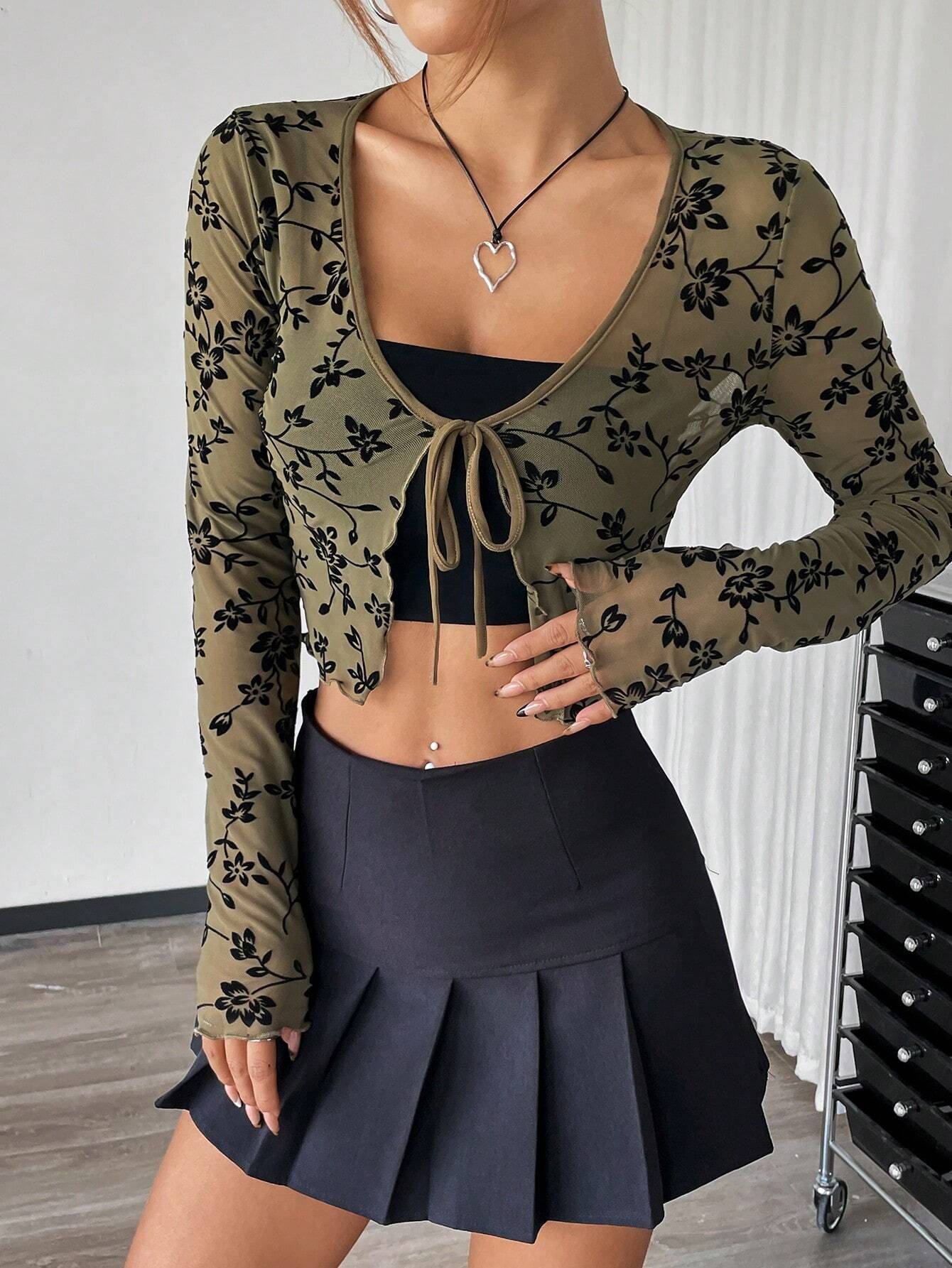 European And American Elegant Women's Transparent Mesh Flocking Front Lace-up Top