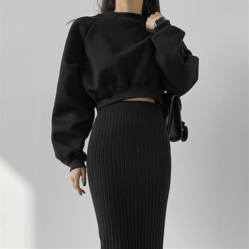 Round Neck Waist Trimming High Waist Short Sweatshirt