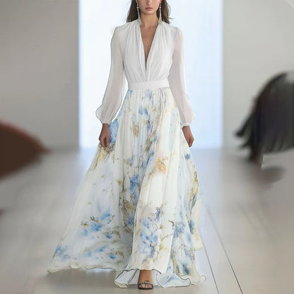 Women's Deep V-Neck Floral Print Boho Maxi Dress With Long Sleeves - A-Line Waist Ruffle Hem Dress For Spring&Summer Vacation