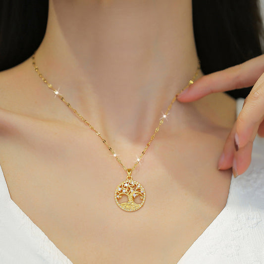 Gold-plated Micro-inlaid Full Rhinestone Zircon Lucky Tree Light Luxury Cross-border Necklace
